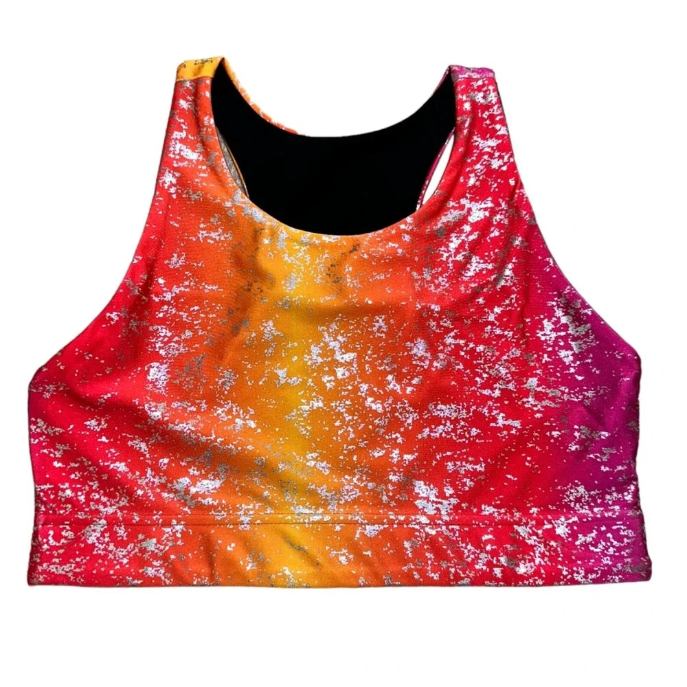 Terez Womens Size M Sports Bra Sunset Ombre Silver Foil Splatter Racerback Pink